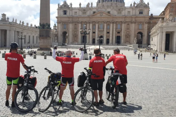 Four pilgrims from Pelplin, northern Poland, arrive in St. Peter’s Square at the Vatican, July 14, 2021.